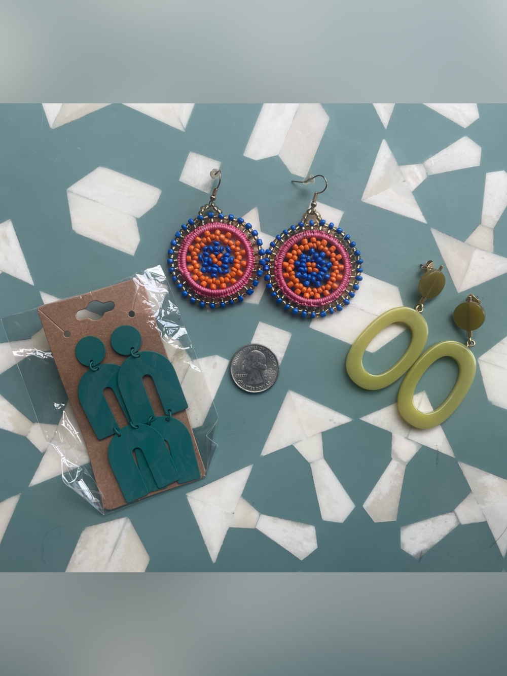 Summer Earring Set of 3 - turquoise, bright beaded, green/ yellow geometric